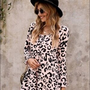 Pink Leopard Print Long Sleeve Tiered Babydoll Dress Boho Fall Winter Casual NWT